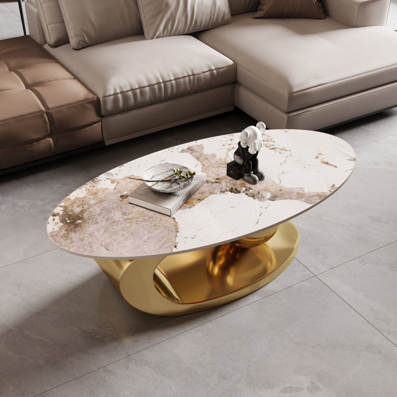 Table basse en métal doré avec piédestal en acier inoxydable et plateau en faux marbre