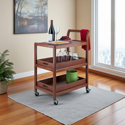 Aleshire Walnut Finish 3-Tier Serving Bar Cart With Casters, 33.10" H X 23.04" W X 15.72" D