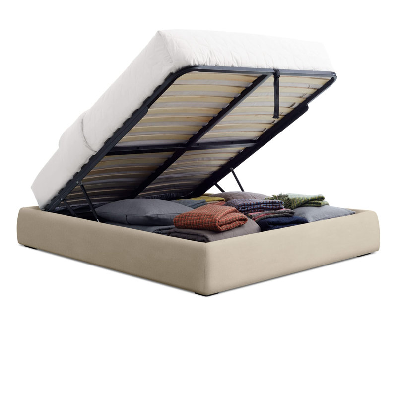 Lid Upholstered Storage Bed, Full, Barto Sand, Lift Up Storage
