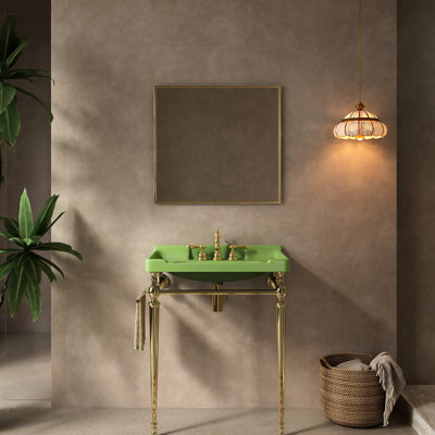28" Bathroom Vanity Sink With Ceramic Basin, Stainless Steel Legs Detachable Towel Bar, Three Faucet Holes, Gold Finish, Rectangular Integrated Smooth Surface And Good Stability Sink, Freestanding