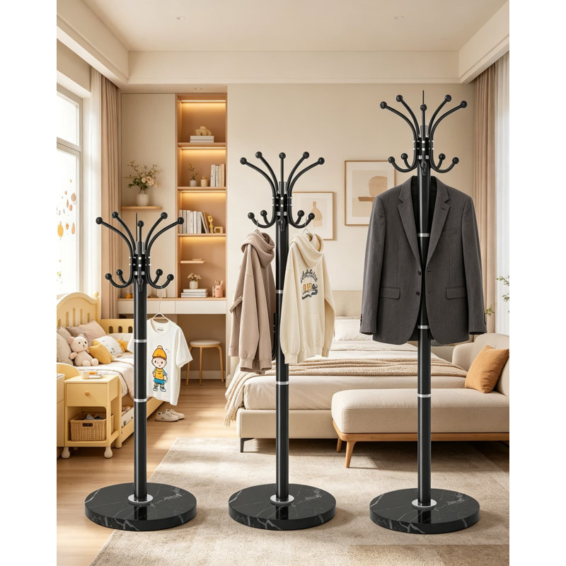 360 Degree Rotating Coat Rack Stand, Freestanding Metal Coat Rack with 14 Hooks and Natural Marble Base, Heavy Duty Coat Tree for Office, Entryway, Hallway, and Bedroom, Black