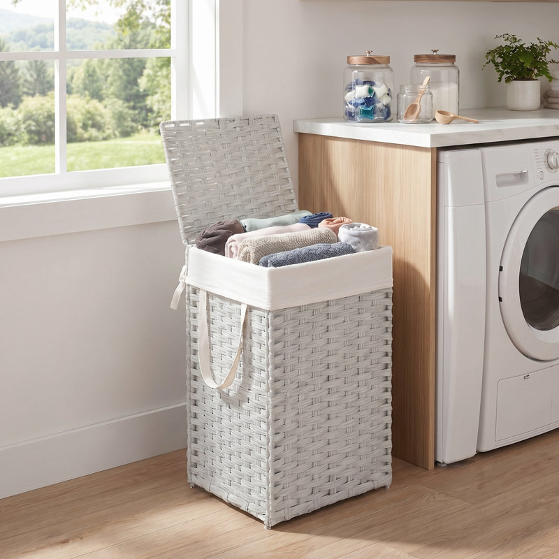 Panier à linge avec couvercle, panier à linge en rotin synthétique avec couvercle et poignées, 65,2 litres (17,2 gallons), doublure amovible et pliable, blanc nuage
