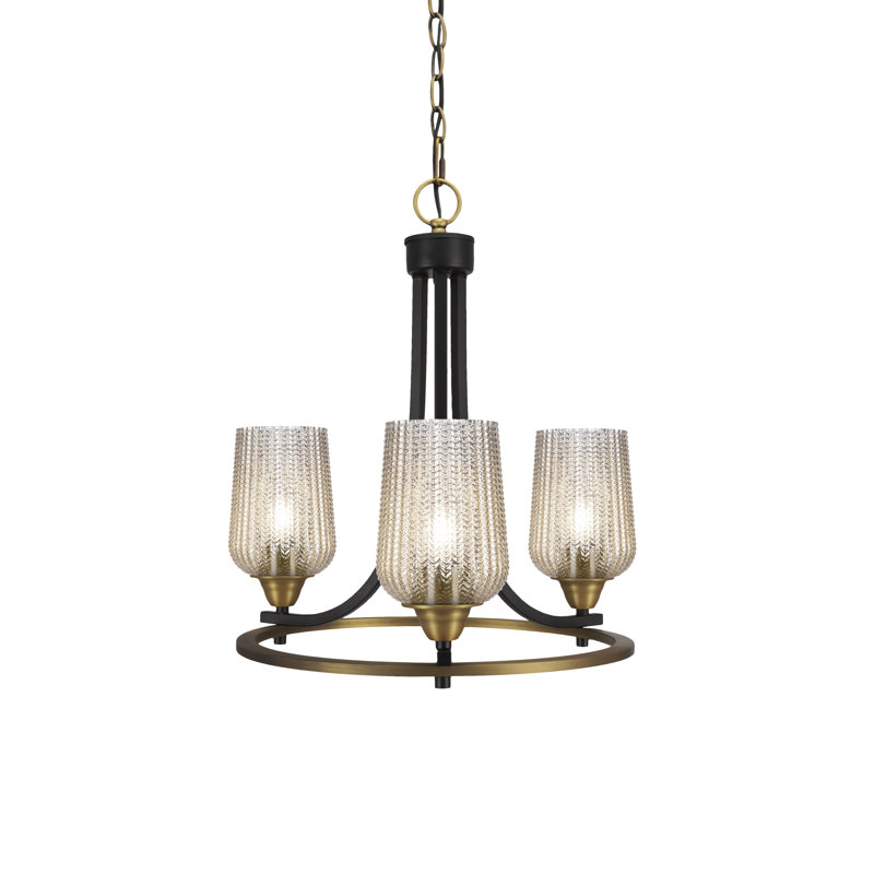 Paramount 3 Light Uplight Chandelier With 5" Silver Textured Glass, Matte Black/Brass