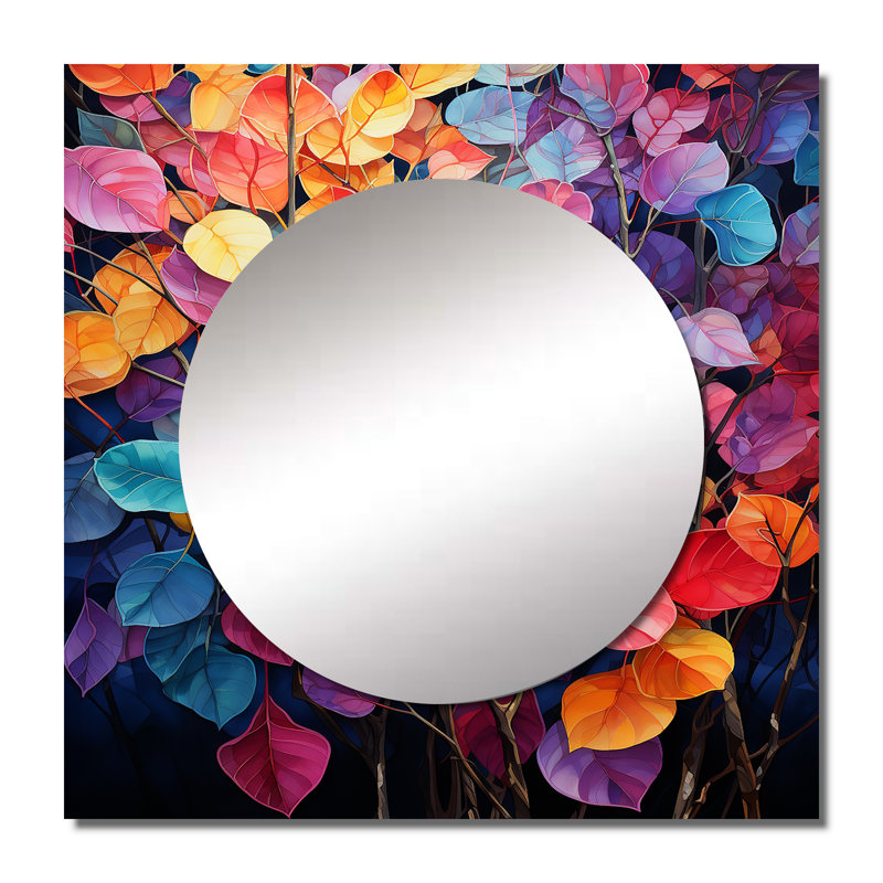 Ciandra - Grand miroir mural carré à motif de feuilles colorées magiques pour chambre à coucher, 36 po x 36 po