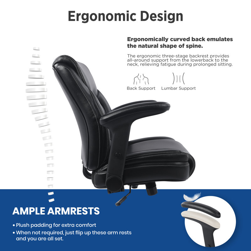 Fauteuil de bureau ergonomique et robuste à dossier mi-haut rembourré en cuir reconstitué et confortable, tabouret de bureau pivotant et pivotant confortable avec accoudoirs fonctionnels, design séduisant et productif, noir