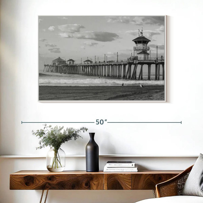 Jetée à Huntington Beach, Cadre flottant blanc, 40 po x 27 po
