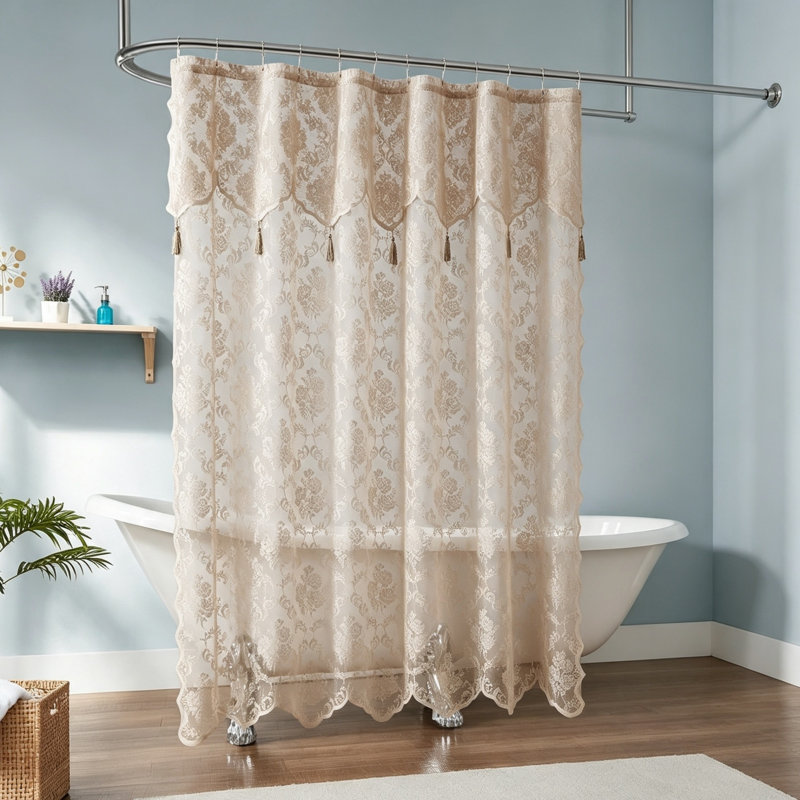 183 x 213 cm Extra Long Shower Curtain with Attached Valance. Modern Lace Fabric Shower Curtain