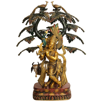 33" Peacock Krishna Under Blooming Tree with Cow Brass Sculpture - Handcrafted Indian Vrindavan Scene Statue for Living Room, Garden & Spiritual Decor
