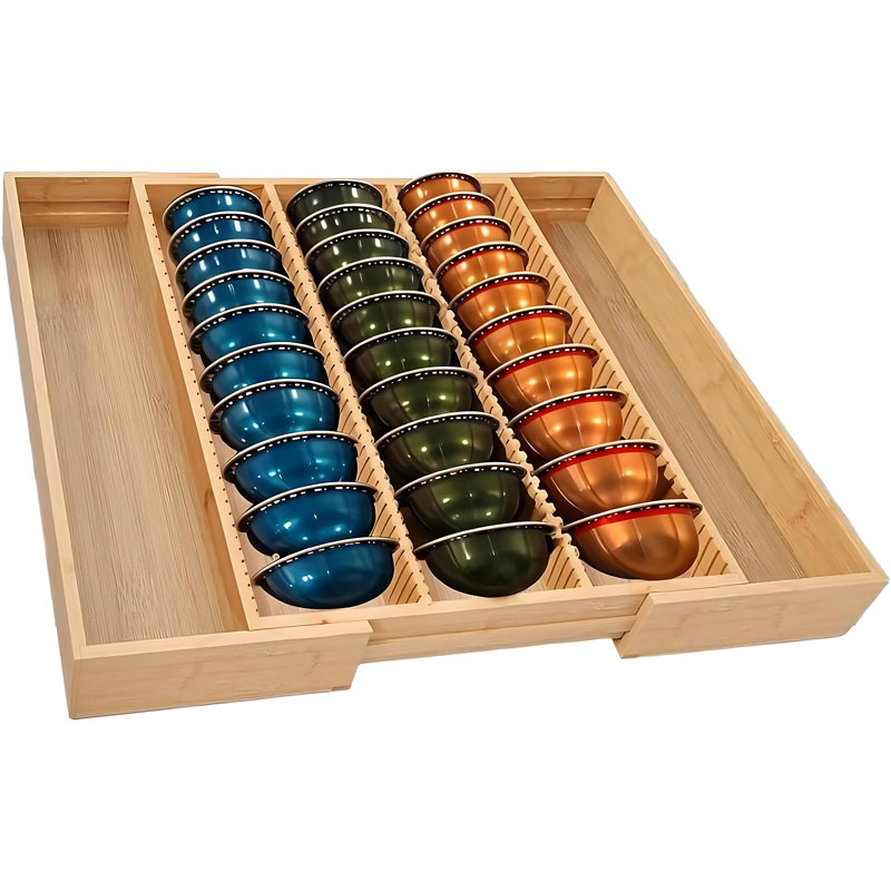Organisateur de tiroir à café en bambou extensible pour 25 à 45 po, rangement polyvalent pour comptoir de cuisine, station de café et bureau à domicile