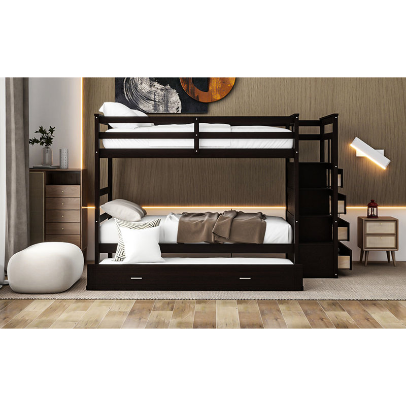 Lit simple superposé simple avec escalier stable et rangement fonctionnel - Bois massif pour les chambres à coucher - Structure en pin gigogne