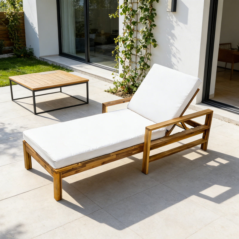 Chaise longue d'extérieur polyvalente à 3 positions - Bois d'acacia durable avec coussin beige pour tous les espaces extérieurs