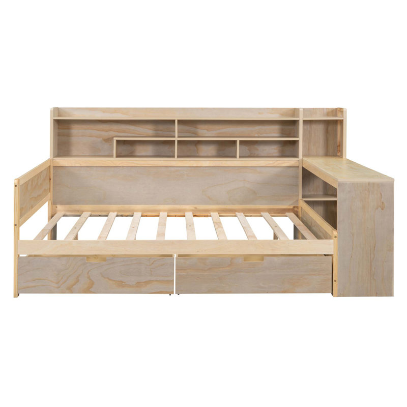 Baelee Wooden  Multi-Functional Daybed With Storage Shelves, 2 Storage Drawers And  Study Desk, Natural, Full