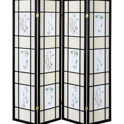Paravent en pin avec motif floral - cadre noir