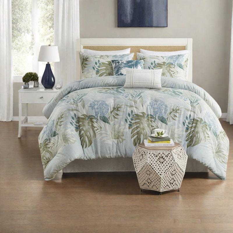 Ensemble de literie en coton surdimensionné 6 pièces Coastal, style tropical bleu pour lit double