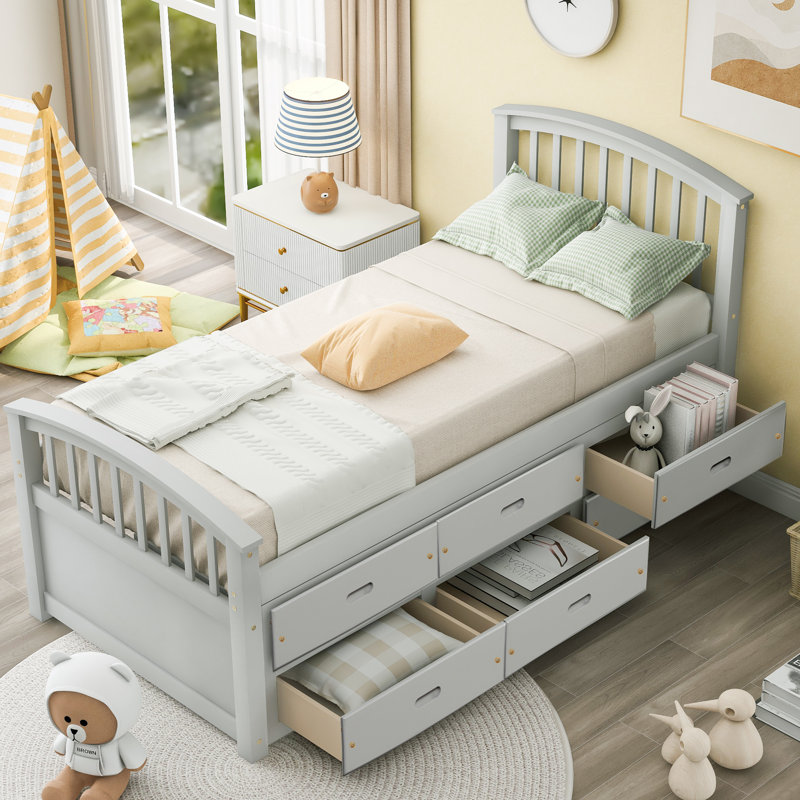 Lit plateforme simple avec rangement à 6 tiroirs, lit simple en bois massif pour enfants et adolescents