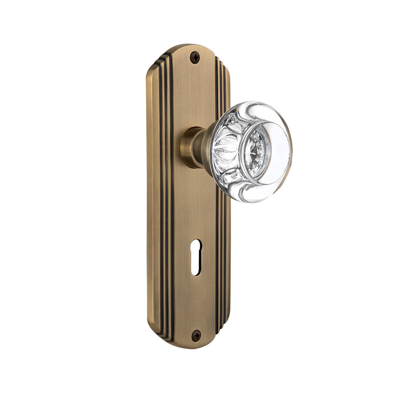 Crystal Round Interior Mortise Door Knob with Deco Long Plate, Antique Brass
