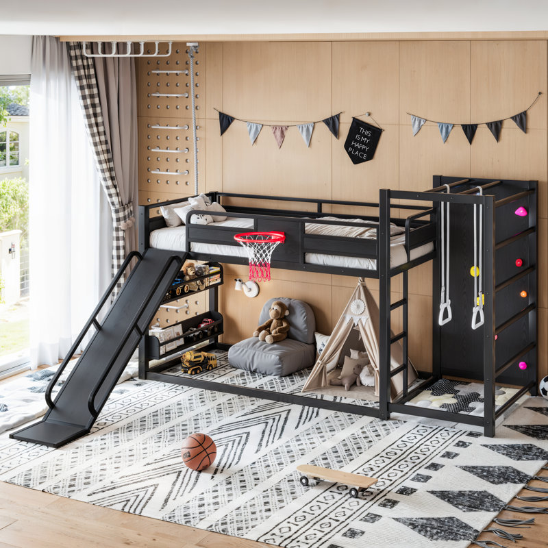 Lit mezzanine en métal avec glissade, panier de basketball, mur d'escalade et rangement, Twin XL, Black