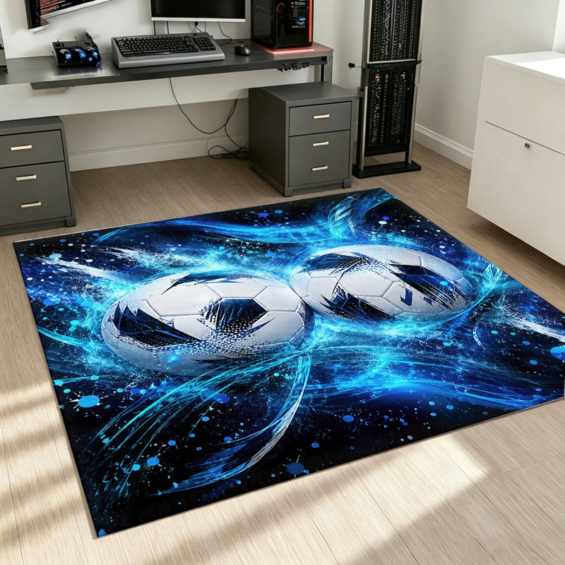 Dynamic Soccer Ball Design Area Rug, Indoor Floor Mat, Anti-Slip Washable, Home Decor for Living Room, Bedroom, Game, World Cup Soccer Decor