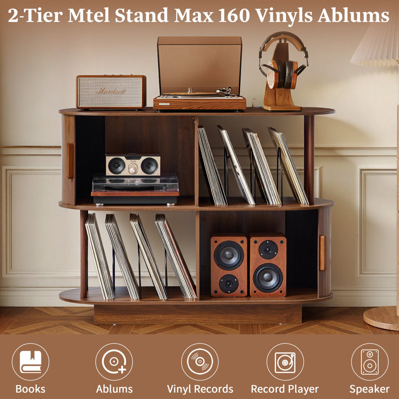 2 Tier 160 vinyl record players  Audio Media Cabinet Storage, Brown