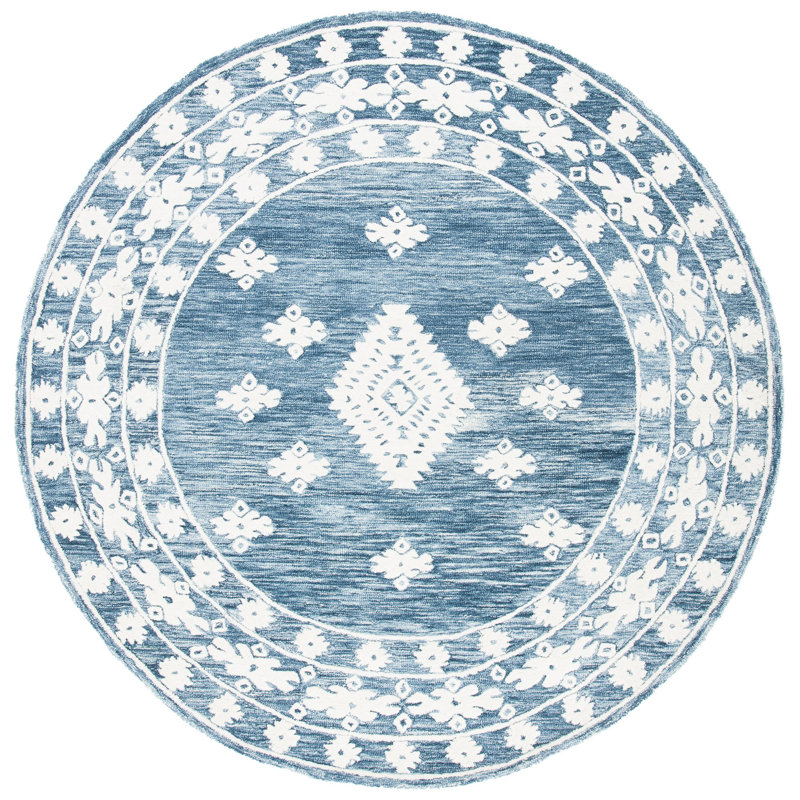 Hand Tufted Wool/Cotton Southwestern Rug in Ivory/Navy, Round 7'