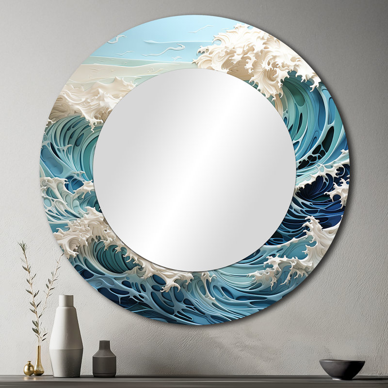 Blue Kinetic Waves I - Kinetic Art Large Wall Mirror, Teal Round Unique Mirror, Printed Metal Art, 36" x 36"