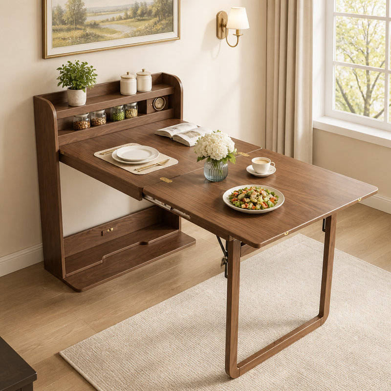 Table de salle à manger murale pliante Murphy avec étagère de rangement intégrée pour un gain de place et une grande polyvalence dans les petits appartements