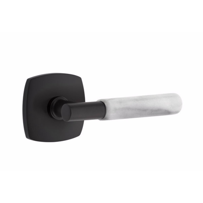 Ensemble de faux leviers Emtek Select, rosette Urban Modern, tige en T, Noir mat / marbre blanc