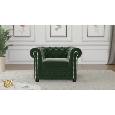 Chesterfield Armchair Hanna Made of Velvet Fabric with Solid Wood Legs