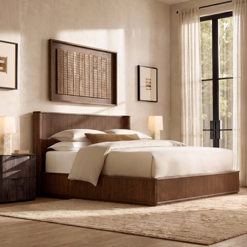 Base de lit plateforme moderne en bois cannelé Demi de 44 po de hauteur avec tête de lit ondulée Demi, support de lattes, aucun sommier requis, assemblage facile