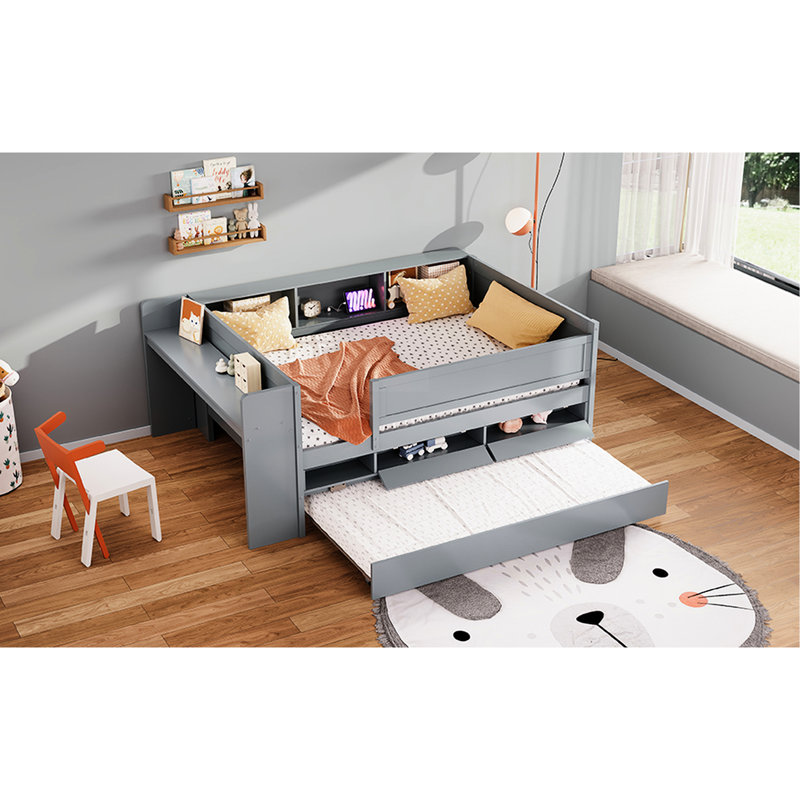 Lit de jour simple gris avec rangement pour tiroir, bureau - tête de lit gigogne et tête de lit bâbord, rangement