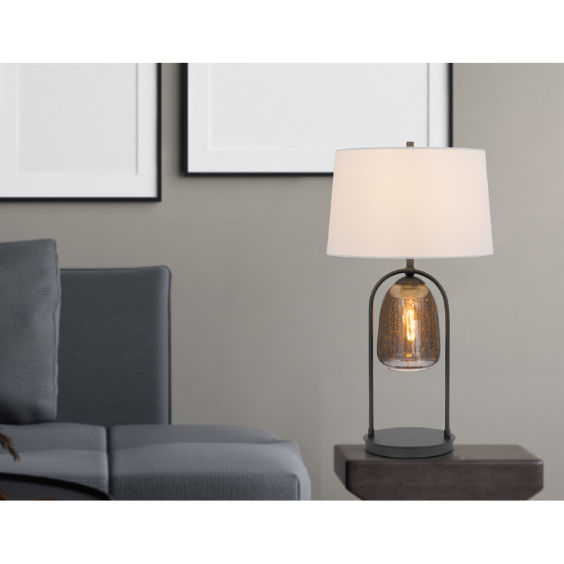 31 Inch Table Lamp, Crackled Black Glass w Night Light, White Shade