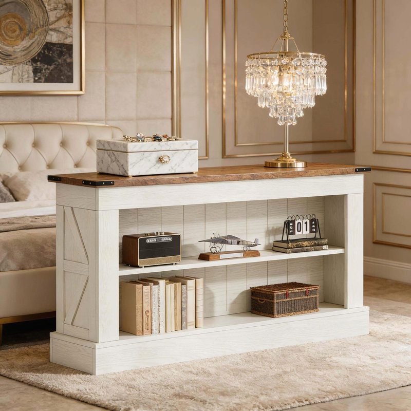 Console de ferme double couche - blanc et grain de bois, Brun / Blanc