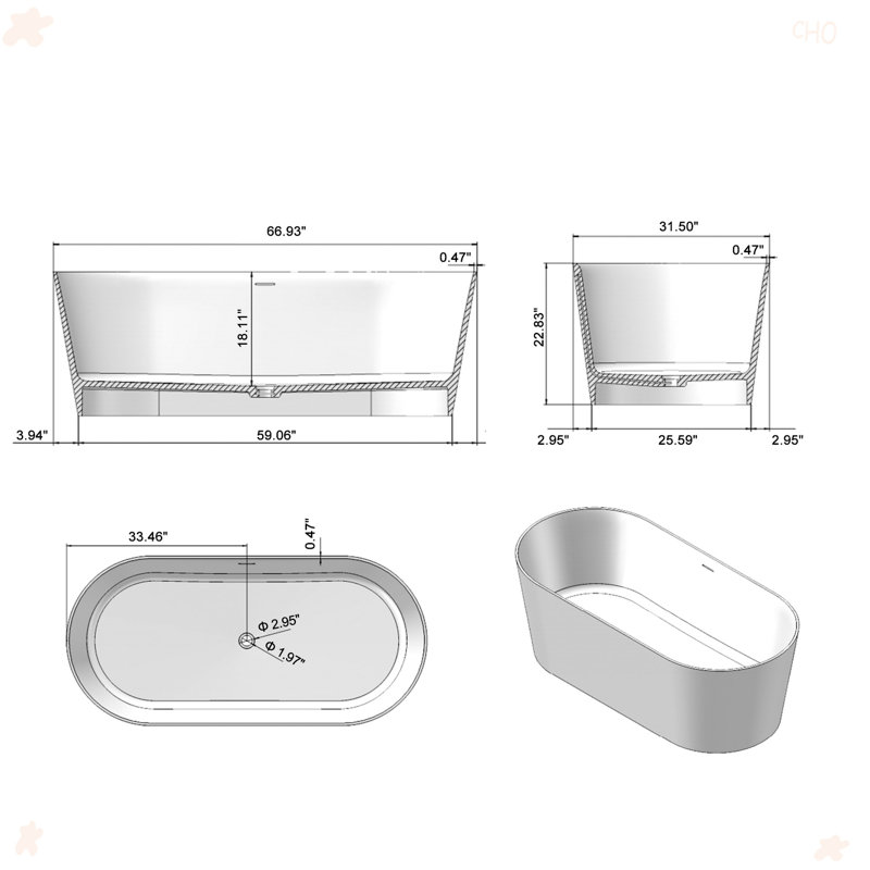 67 Inch Freestanding Solid Surface Soaking Bathtub
