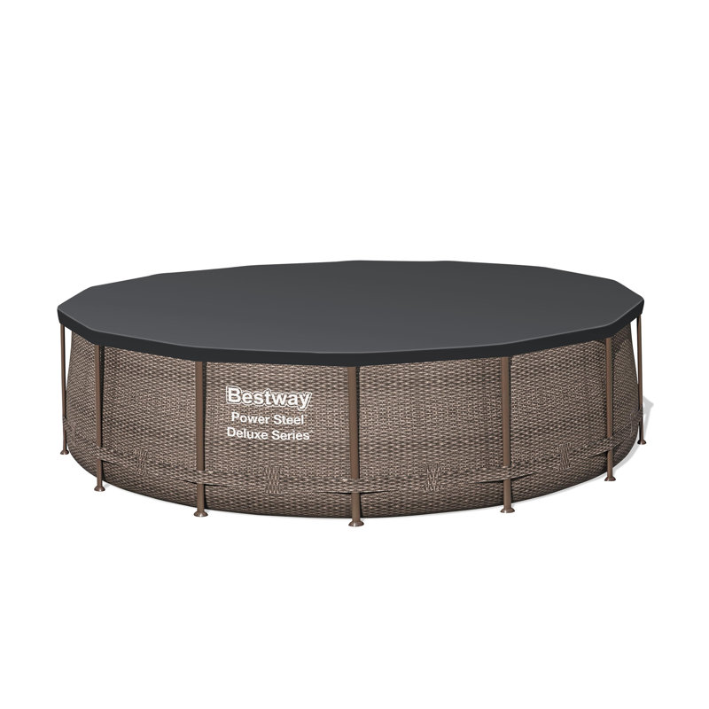 Bestway Power Steel Round Above Ground Outdoor Swimming Pool Set with Filter Pump and Cover, Brown Wicker Print