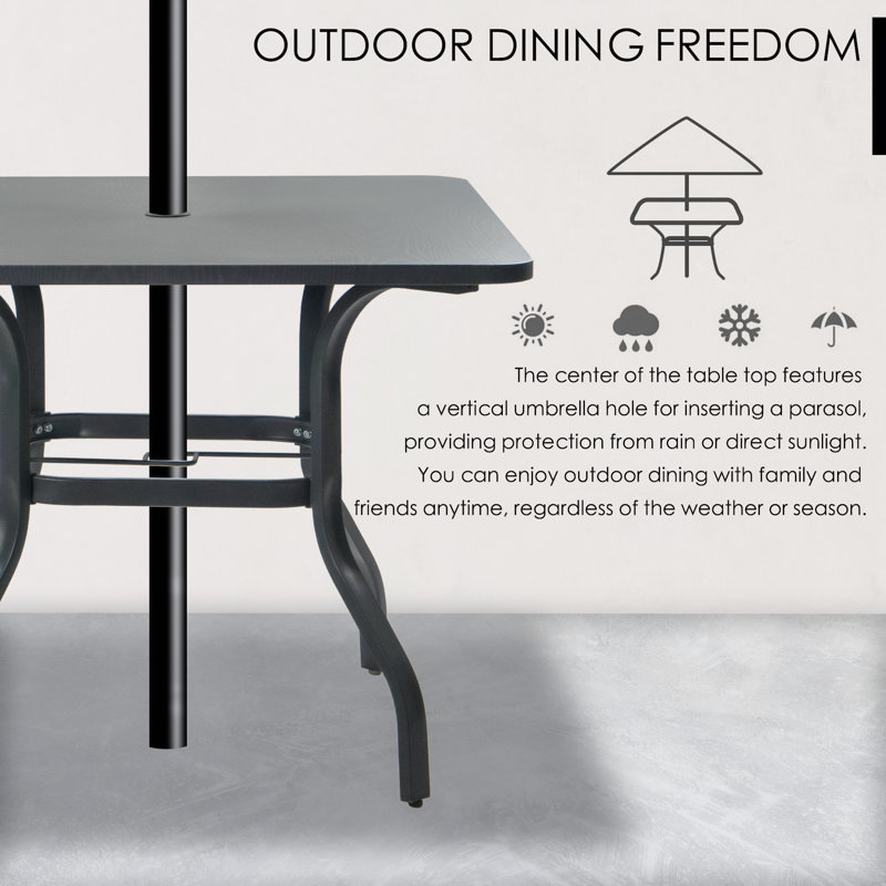 Square Metal Patio Dining Table with Woodgrain Top and Umbrella Hole