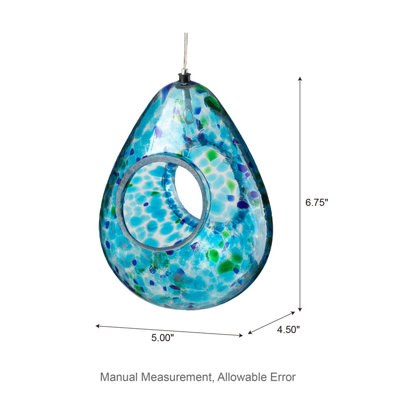 6.75" Blue and Green Glass Teardrop Hanging Bird Feeder