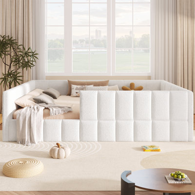 Lit de jour double rembourré avec tissu Boucle de qualité supérieure et structure en bois massif Boucloft