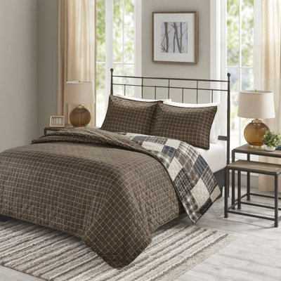 Ensemble de courtepointe réversible 3 pièces - réversible, noir / brun, microfibre, tissu écossais sur l'envers, lit double / grand réversible facile à laver, rembourrage en coton, taies décoratives avec fermeture à glissière