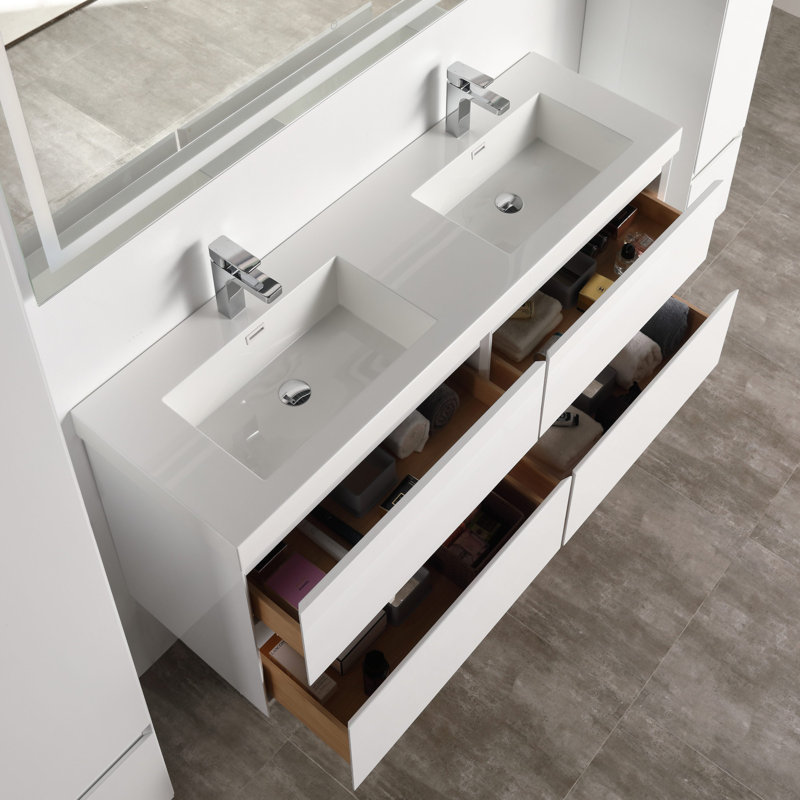 Blossom 48'' Wall-Mounted Double Sink Bathroom Vanity in Glossy White – Solid Wood, Acrylic Sinks, Soft-Close Drawers, Integrated Basin