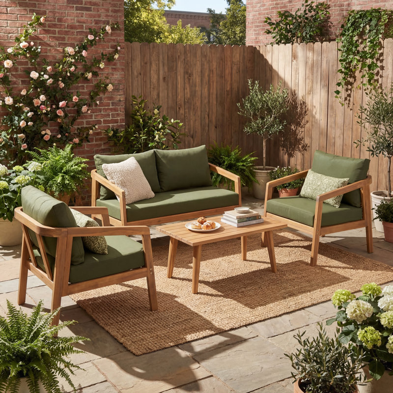Ensemble de conversation en bois d'acacia pour 4 personnes avec coussins hydrofuges Airwyn, 4 Pcs: Table, 2 Chairs,Loveseat