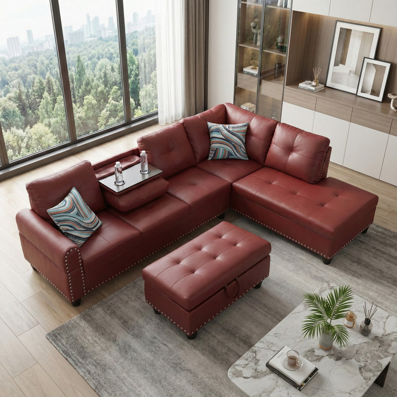 Canapé modulaire en similicuir rouge avec repose-pieds, Similicuir rouge, Orienté à droite
