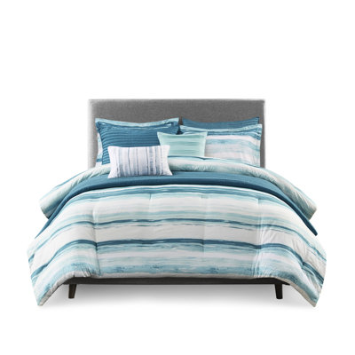 Full/queen 8 Piece Seersucker Comforter Quilt - Peaceful Watercolor Stripe Pattern Fill Storm Blue, , Teal Hues 2 Shams, 3 Decorative Pillows Bedroom Essentials With Face Printed Tranquil Decoration