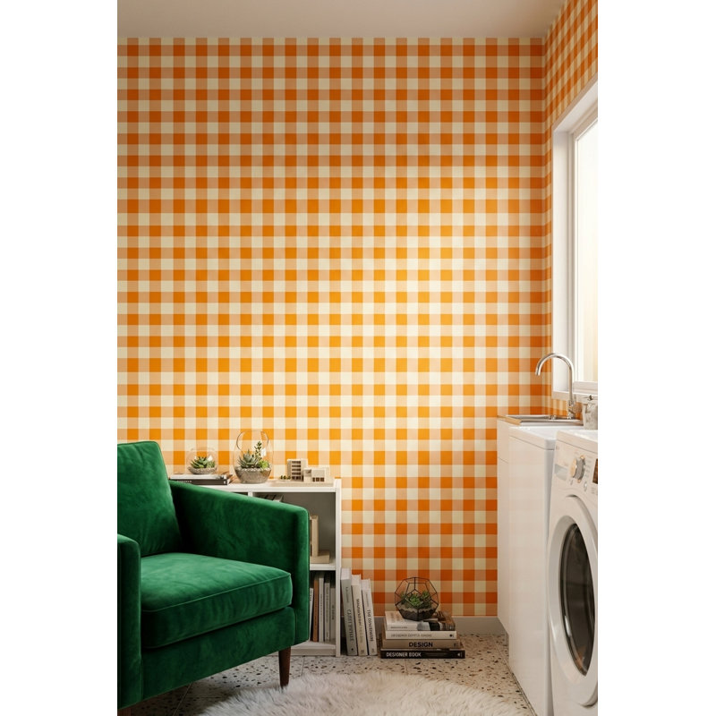 Papier peint à carreaux orange vichy, Textured Non-Pasted