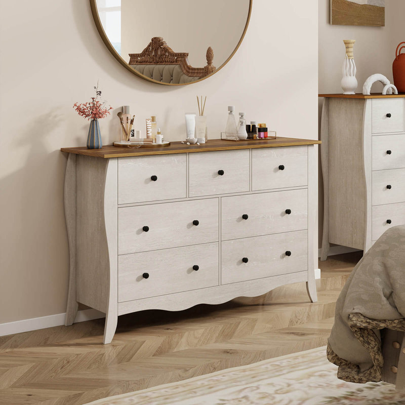 1 Pcs 47" Farmhouse Chest Of Drawers With 7 Folding Fabric Drawers Anti-tipping Kit Gray