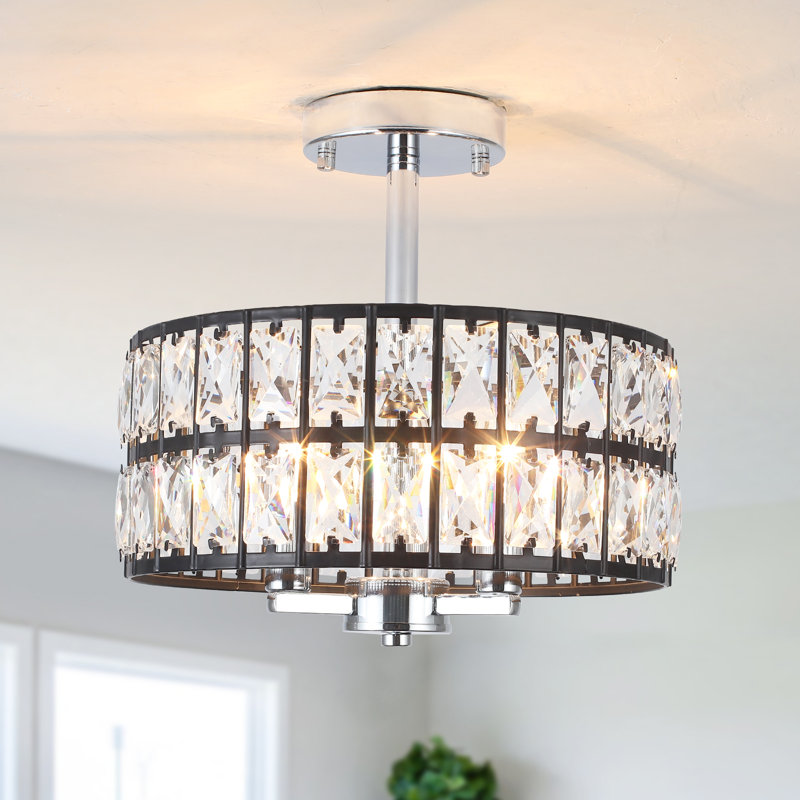 3-Light Crystal Ceiling Light Fixture Semi Flush Mount Chandelier with Drum Shade, Black/Nickel