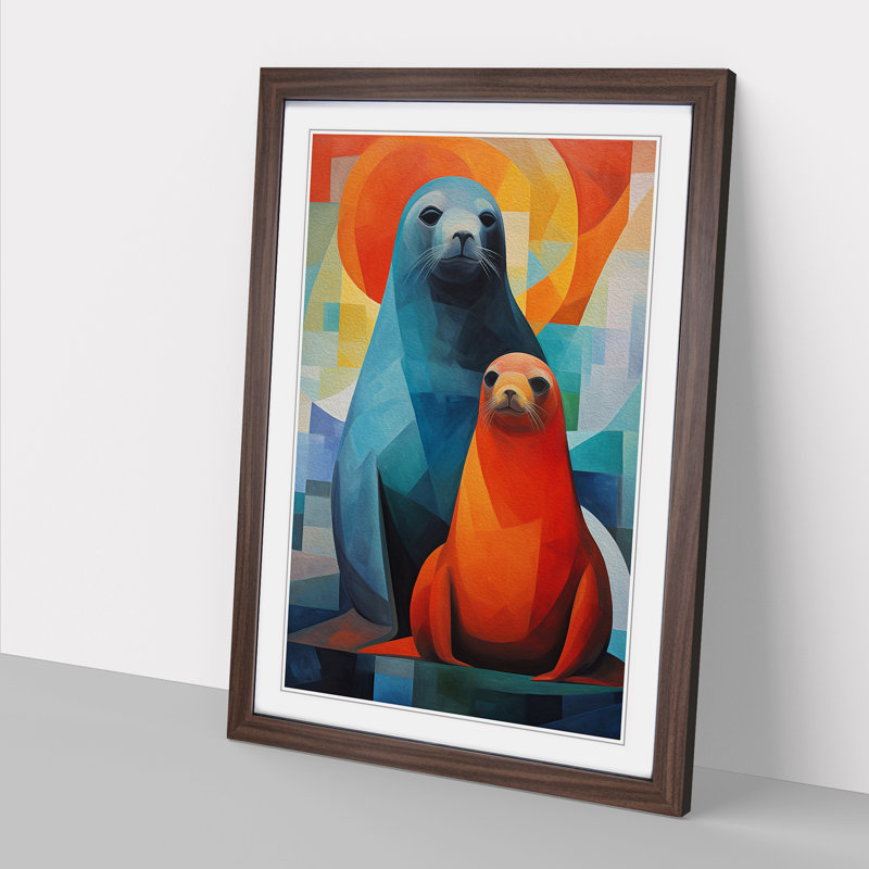 Seal Cubism - Single Picture Frame Print on Wood, 34cm H x 25cm W x 2cm D, Walnut