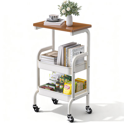 29.9'' H X 16.5'' W 3-tire Metal Wood Board Rolling Storage Basket Cart Trolly With Wheels, Metal Utility Cart With Frame, Kitchen Living Room Bathroom And Bedroom Storage, Single Panel White