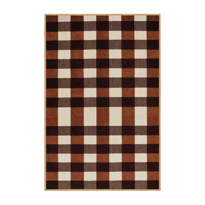 Machine Washable Checkered Brown Area Rug