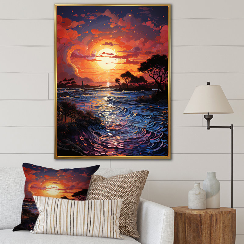 Maegann Sunset Sunset Reverie Pointillism II, H 32 po x l 24 po x P 1 po, Cadre flottant doré