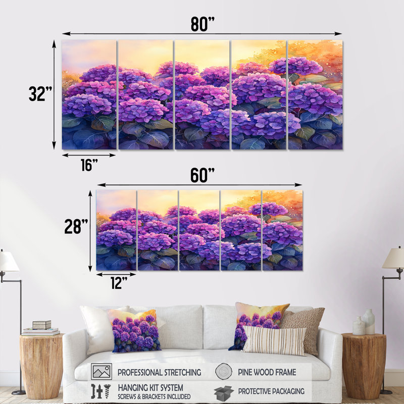 Hortensias au coucher du soleil lueur VI - hydrangées - Art mural traditionnel, H 28 po x l 60 po, 5